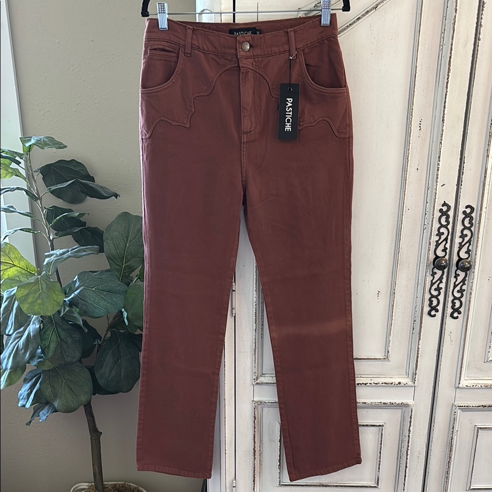 Free People Pastiche Harvey Jean: Maroon Western Straight Leg Sz M Retro 90s